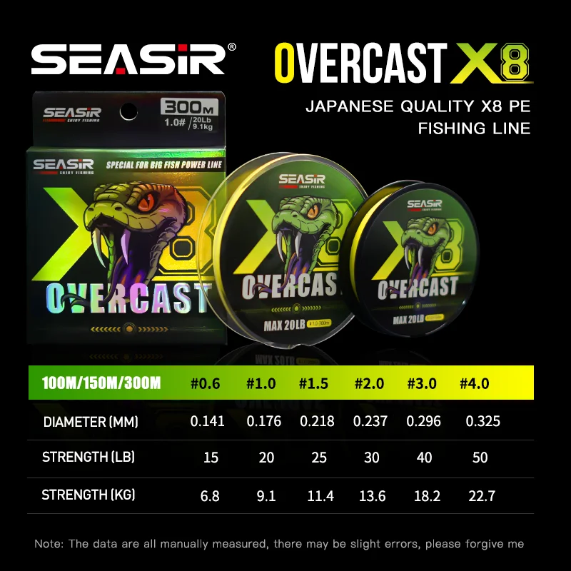 Línea de pesca Seasir Overcast X8 PE, calidad japonesa, 8 multifilamentos trenzados, 100M-300M, 15-50LB, línea principal para línea eléctrica de peces grandes - imagen 2