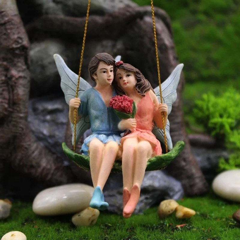 Figuritas de pareja romántica, columpio, flor, Hada, jardín, Micro paisaje, colgante, artesanía de resina, decoración de escena creativa - imagen 3