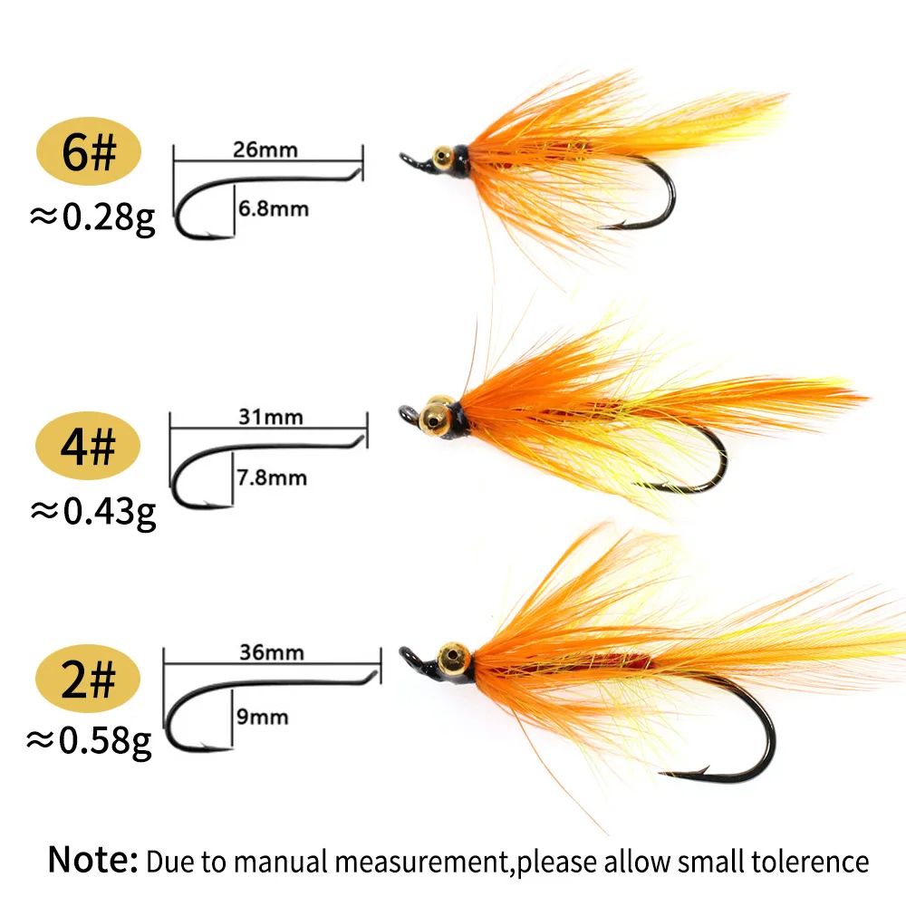 Bimoo 6 piezas # 2 # 4 # 6 moscas de salmón y acero con cadena de cuentas de latón, ojos, gallo naranja, Hackle, hundimiento rápido, señuelo húmedo para moscas - imagen 5