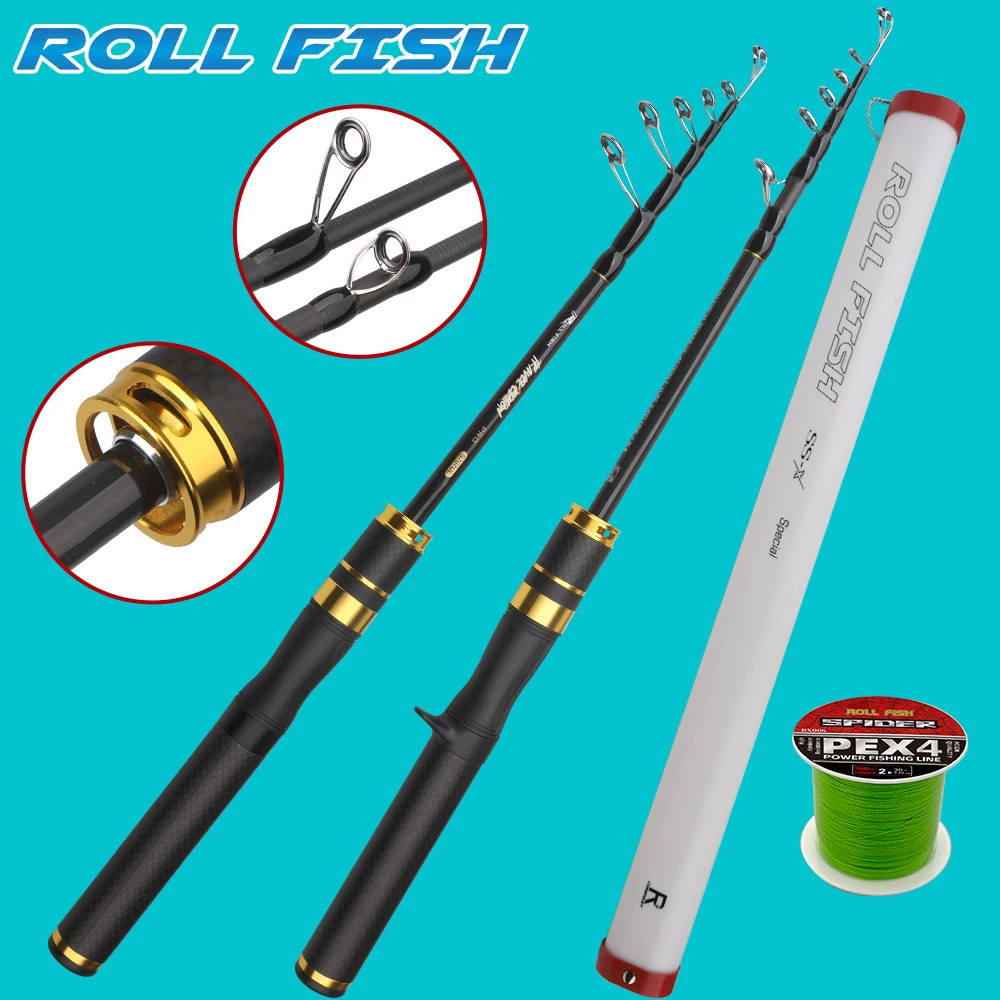 ROLLFISH UL Caña de pescar liviana de fibra de carbono de viaje telescópica portátil para lubina, panfish y agua salada, incluye línea de PE de 100 m