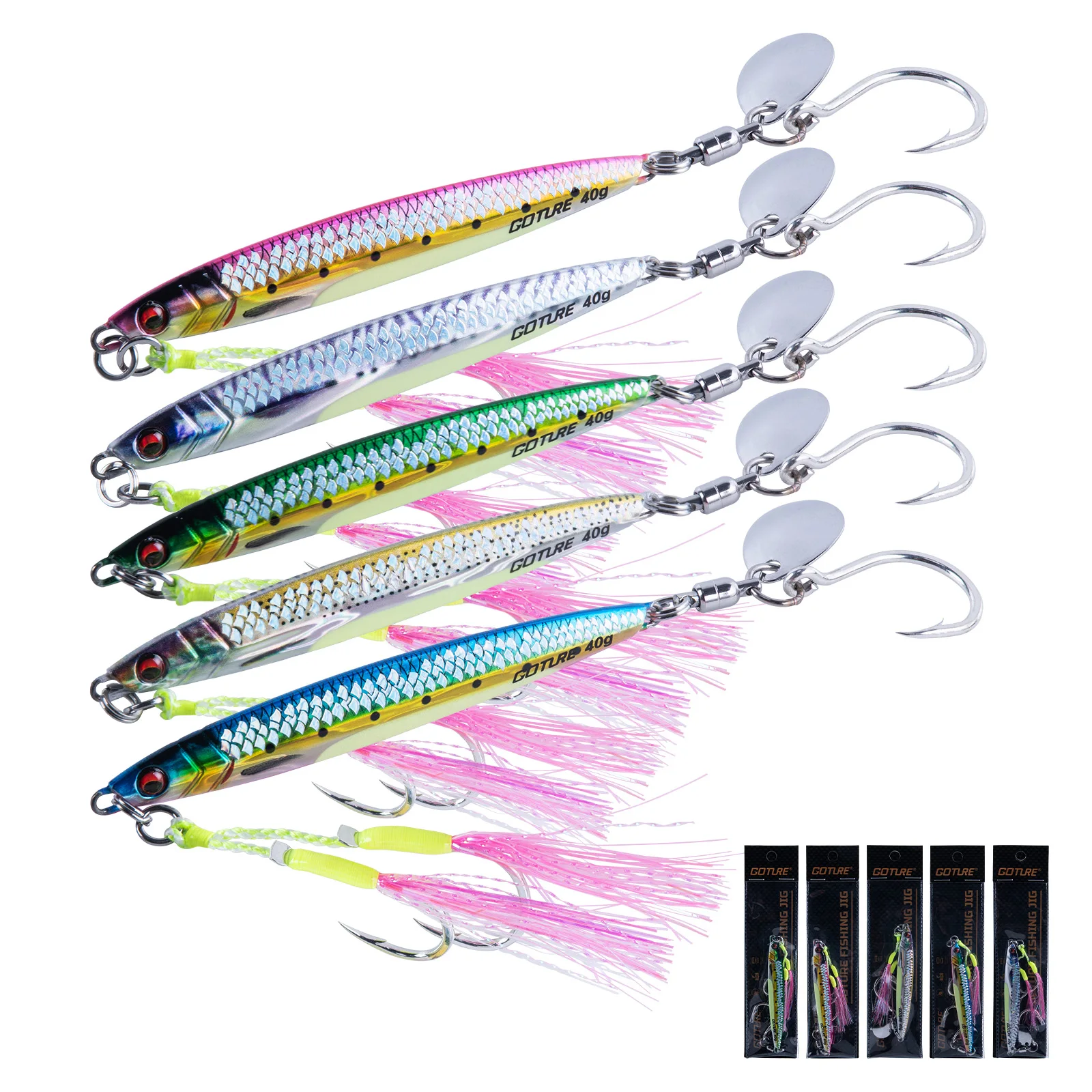 Goture 5 uds Señuelos de Pesca de Jigging luminosos 40/60g, cebo de plantilla 3D delgado biónico duradero, señuelo de lubina cebo Artificial equipo de pesca