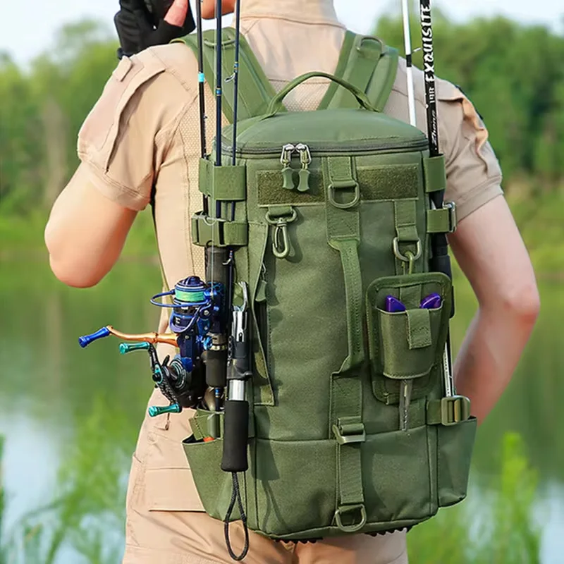 Mochila de pesca multifuncional, bolsa de aparejos con soportes para caña, almacenamiento de equipo de pescado, paquete Molle, bolsa para deportes al aire libre para acampar y senderismo - imagen 3