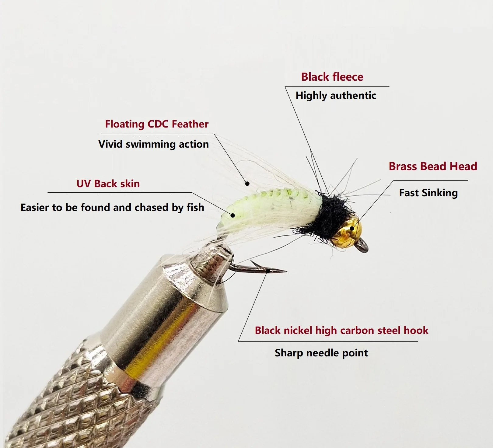 Señuelo luminoso de pesca con mosca, cabeza de cuentas de latón, trucha, lubina, hundimiento rápido, fibra CDC, serpentina de insectos, salmón #10 #12, 10 unids/lote por caja - imagen 2