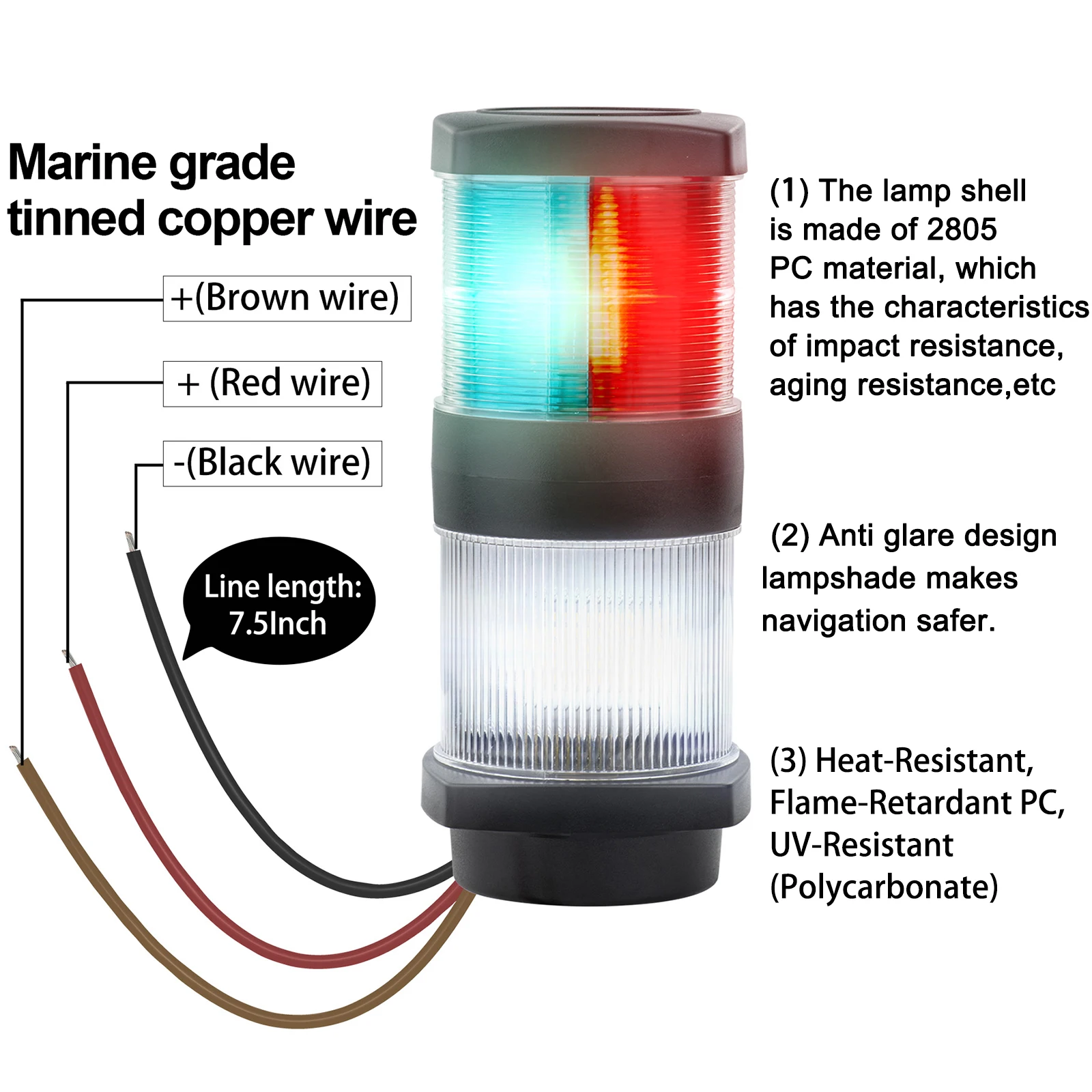 Luces de anclaje tricolor para barcos, luz de navegación, cabeza de mástil, luz marina multifuncional Led, puerto, estribo, popa, ancla en uno - imagen 5