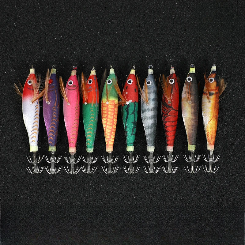 Señuelo de madera para camarones, anzuelo de calamar, cuentas luminosas, traje de simulación, pez redondo, camarones de madera, 10 piezas por caja - imagen 5