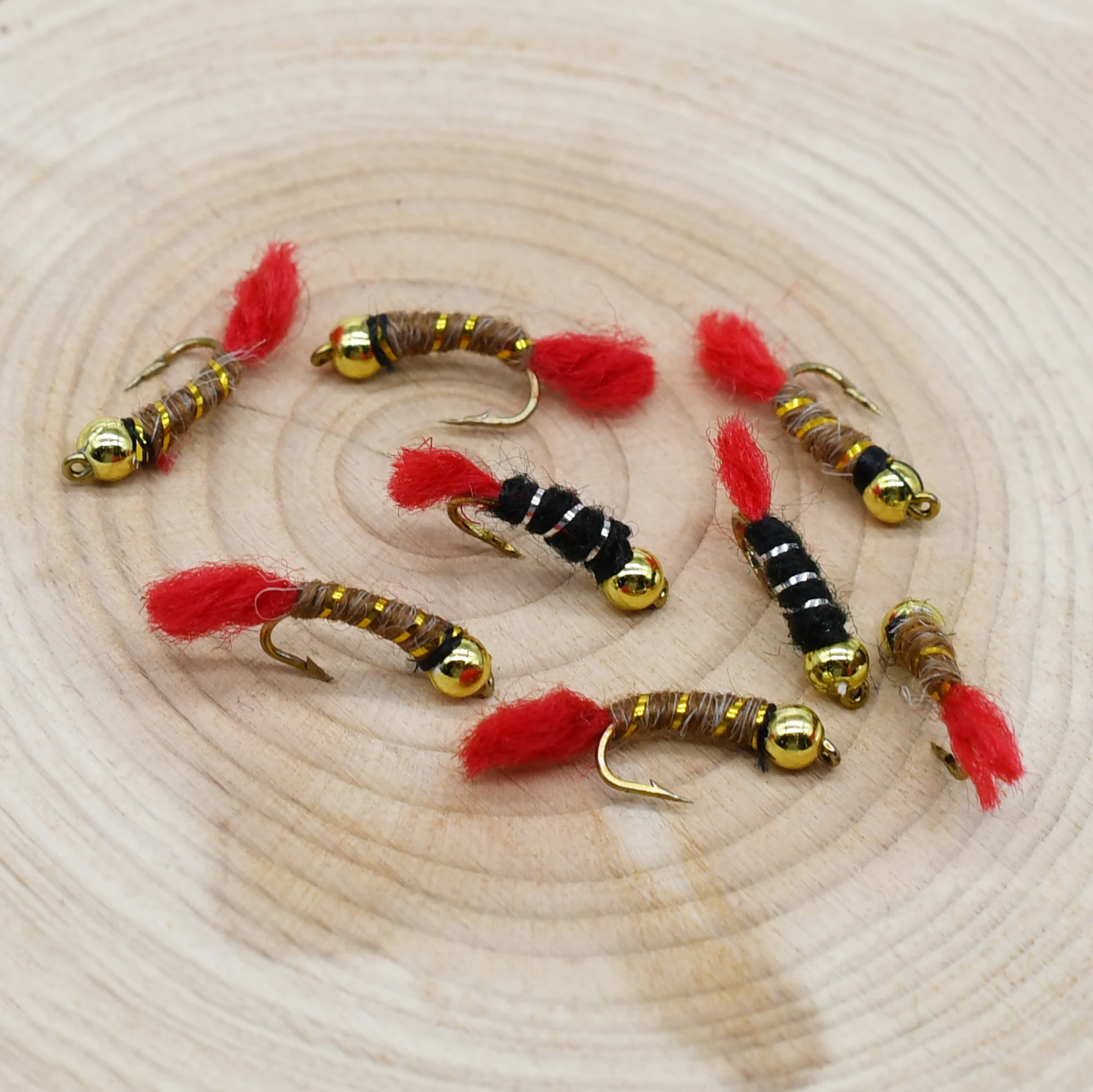 MNFT 10 piezas 14 #   Señuelo de pesca con mosca Ninfa de cola roja Golden Beadhead, cebo Artificial negro y marrón - imagen 5