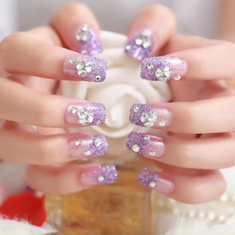 Uñas postizas con purpurina púrpura, 1/2/4 piezas, uñas artificiales de doble cara para fiesta de novia, accesorios de boda, puntas de Arte de uñas - imagen 4