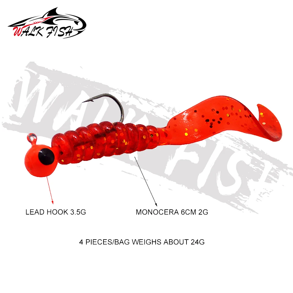 WALK FISH-anzuelo de plantilla de 3,5g, cebo de cola suave de 6cm, gusano, aparejos de pesca de sílice, aparejos de pesca, aparejos de perca, 4 Uds. - imagen 2