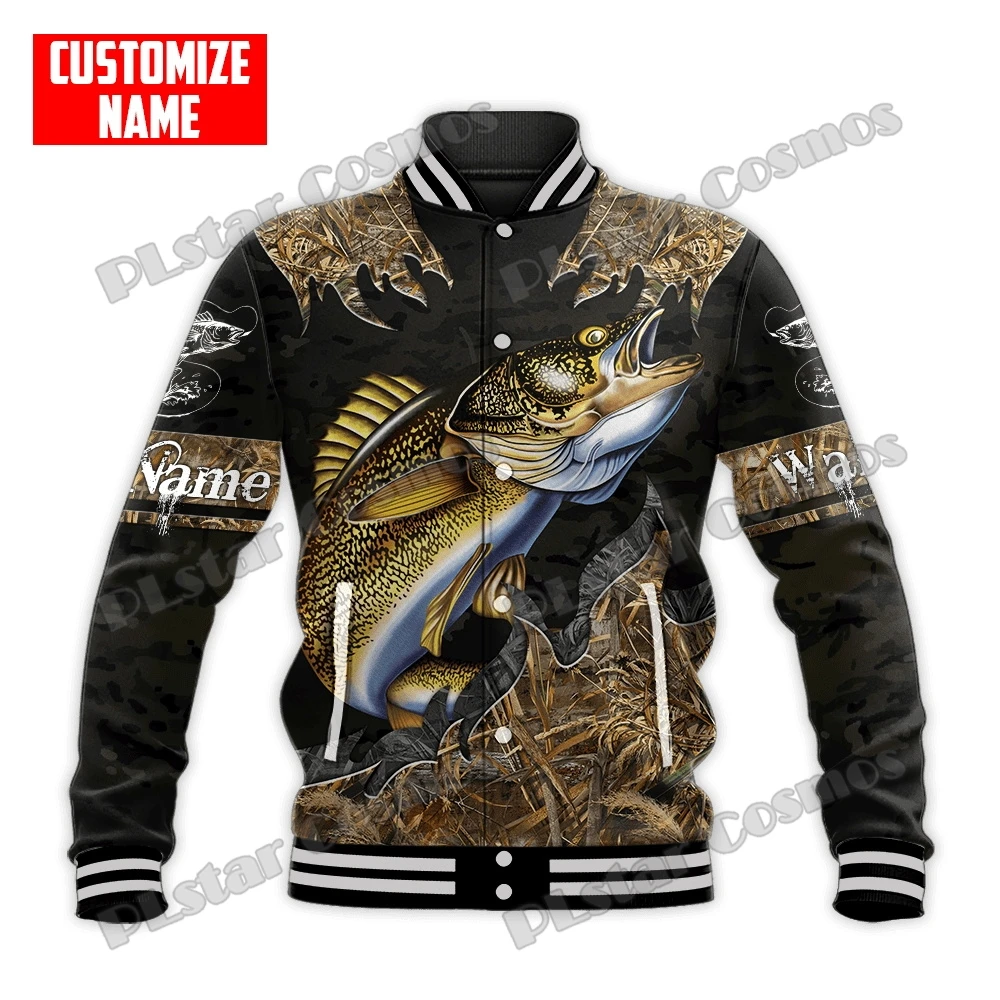 Nombre personalizado Walleye Fishing 3D impreso moda hombres Bomber chaqueta a presión completa Unisex Casual chaqueta de béisbol de invierno FX22 - imagen 2