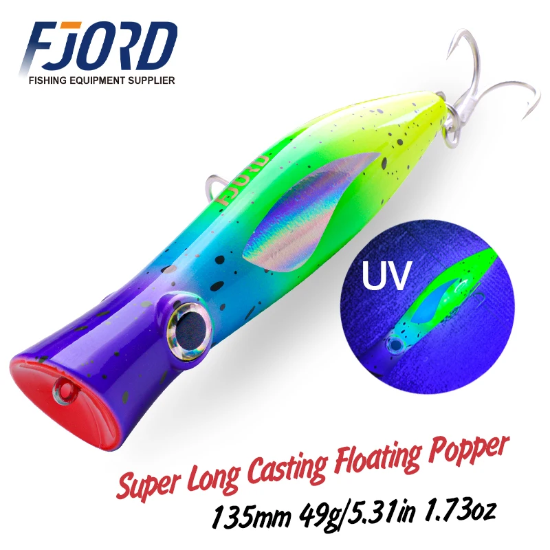 FJORD-señuelo de pesca Popper, cebo de superficie flotante Topwater de 49g con anzuelos triples, cebos duros de mar de agua salada de boca grande, productos de pesca