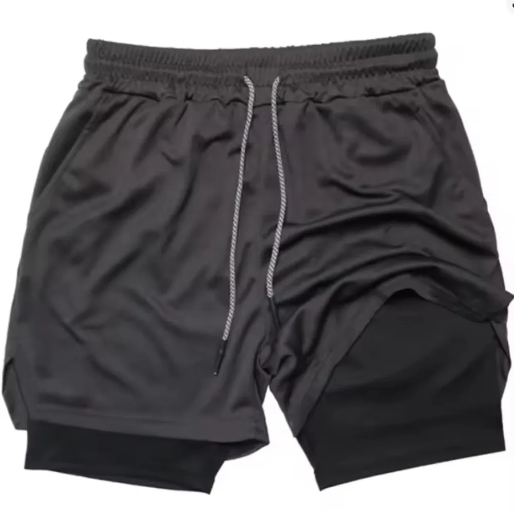 Pantalones cortos finos para correr de secado rápido, pantalones cortos de entrenamiento elásticos de doble capa, pantalones cortos de entrenamiento transpirables con bolsillo para teléfono móvil para correr
