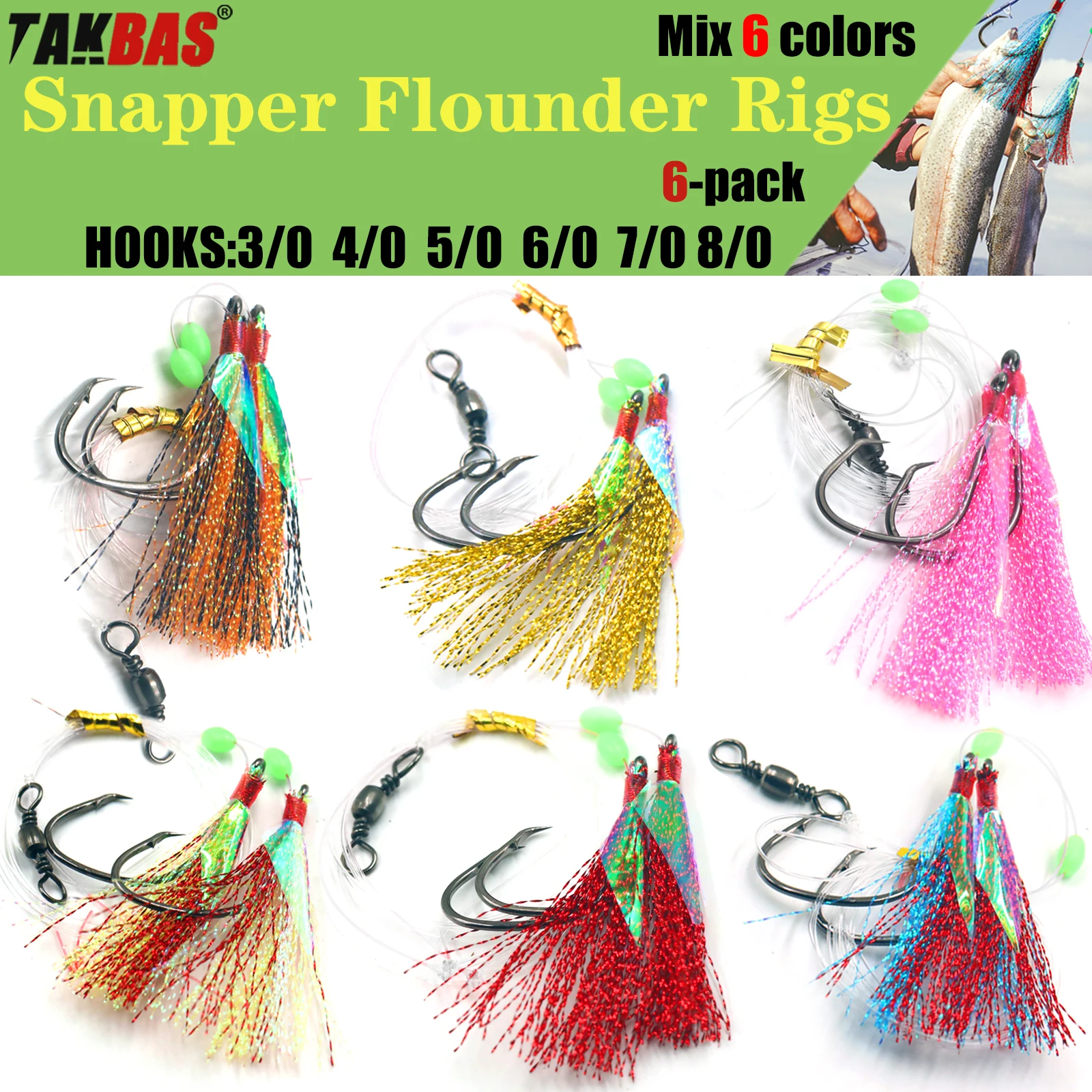 6 uds aparejos de pargo aparejos intermitentes, aparejo de cebo Sabiki, aparejo líder de pesca Hi-Lo con anzuelo circular 65LB aparejos de pesca de Surf de agua salada