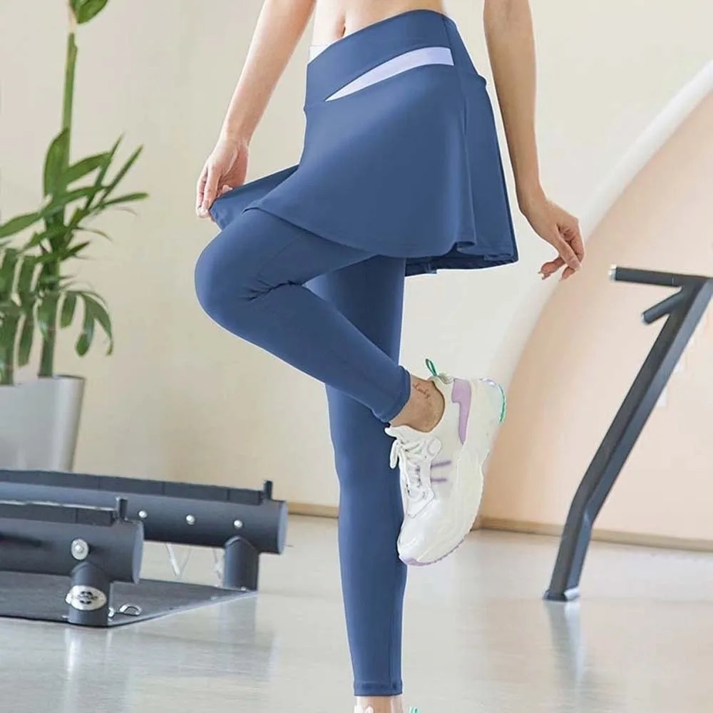 Mallas deportivas combinadas en uno, pantalones elásticos ajustados de Color contrastante, falda gruesa de talla grande, pantalones deportivos de Yoga, bádminton - imagen 4