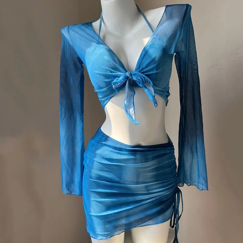 Conjunto de Bikini Tie Dye de malla de manga larga, conjunto de traje de baño de 4 piezas, Top corto con cordones, minifalda con cordón, traje de baño para vacaciones - imagen 4