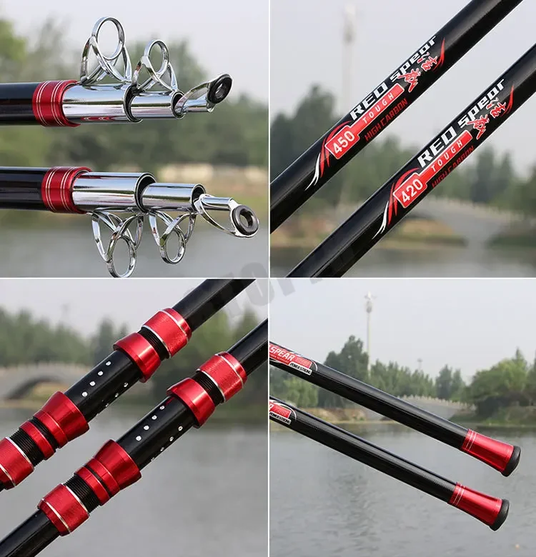 Una serie de imágenes que muestran una caña de pescar con un esquema de color rojo y negro