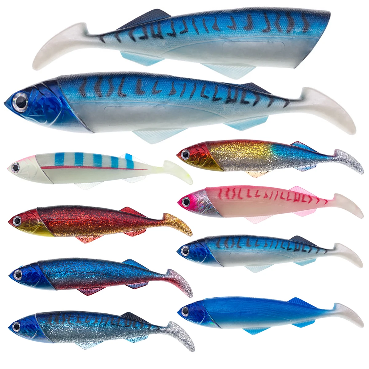 Cebo de deslizamiento grande, aparejos de pesca de agua salada, sábalo Swimbait, señuelo de gusano, pececillo negro, Softbait, atún, Mahi, Marlin, pesca de curricán