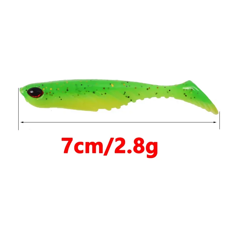 Señuelo de silicona blanda con ojos 3D y cola en T, señuelo de pesca wobbler, señuelo de caucho artificial bicolor, lubina, trucha, jigging, 7cm, 2,8g, 5 uds. - imagen 3