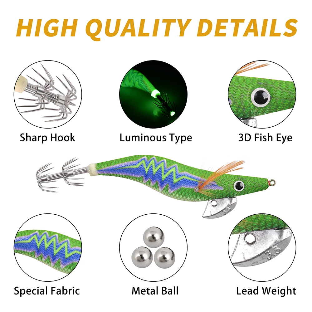 Señuelos de Pesca de calamar, anzuelo de pesca de camarón de madera de cola luminosa para pulpo, sepia, señuelos artificiales Jigging, cebo duro - imagen 3