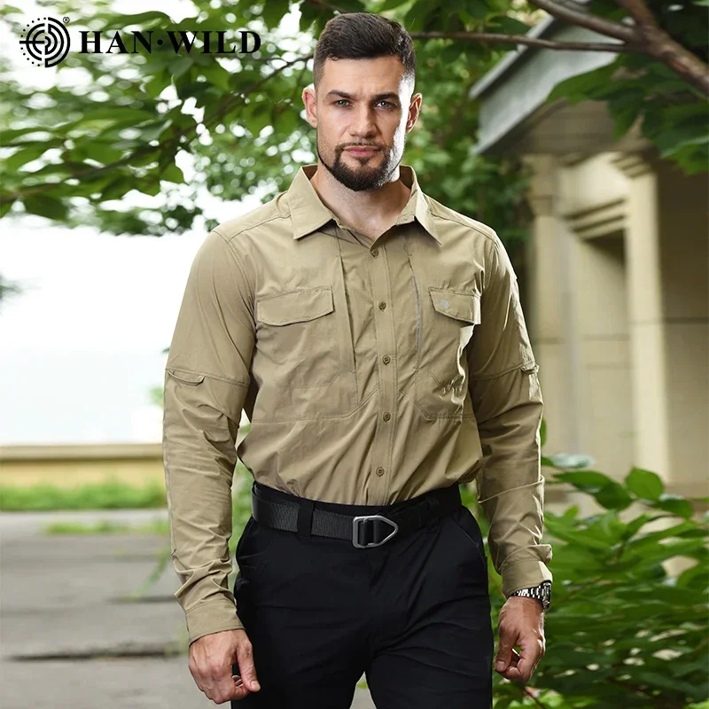HAN WILD-ropa de acampada para hombre, camisa ligera, camisa táctica de secado rápido, camisas de trabajo y caza de manga larga, ropa deportiva - imagen 4
