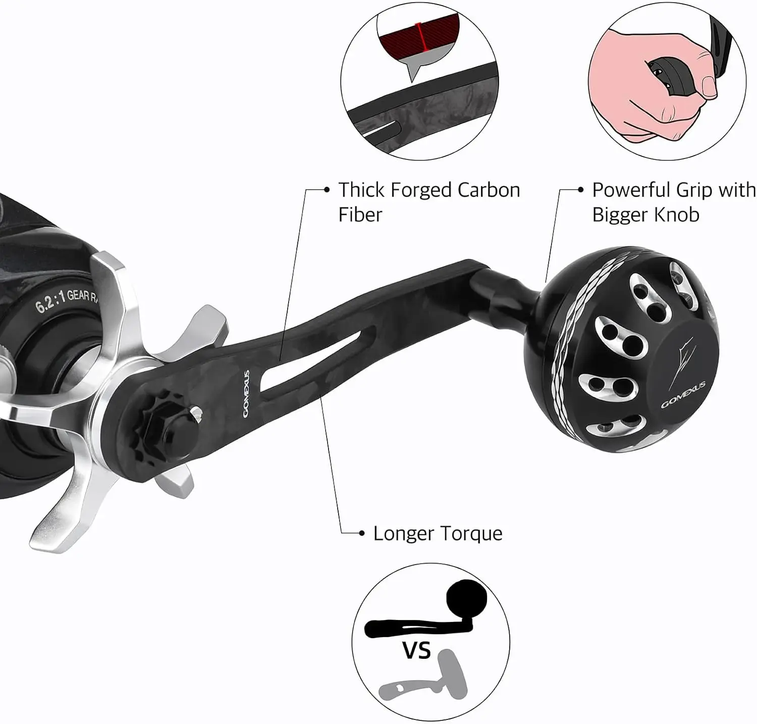 Mango eléctrico GOMEXUS Compatible con carrete de pesca Shimano Torium Daiwa Saltist, mango de Jigging de 95mm de carbono forjado - imagen 3
