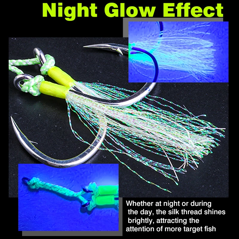 FJORD-anzuelo de pesca con plantilla de Metal, 3/0, 4/0, 5/0, doble brillo nocturno, anzuelos de agua salada de seda, 2 unids/bolsa, material de equipo de pesca - imagen 5