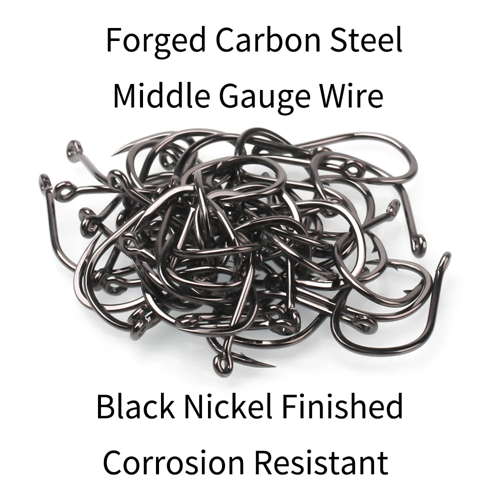 Lionriver 50PCS Sea Fishing Single Hooks Pipe Hook Handle Short Shank Offset Tip Forged Carbon Steel Black Nickel Barbed 11#-15# - imagen 3