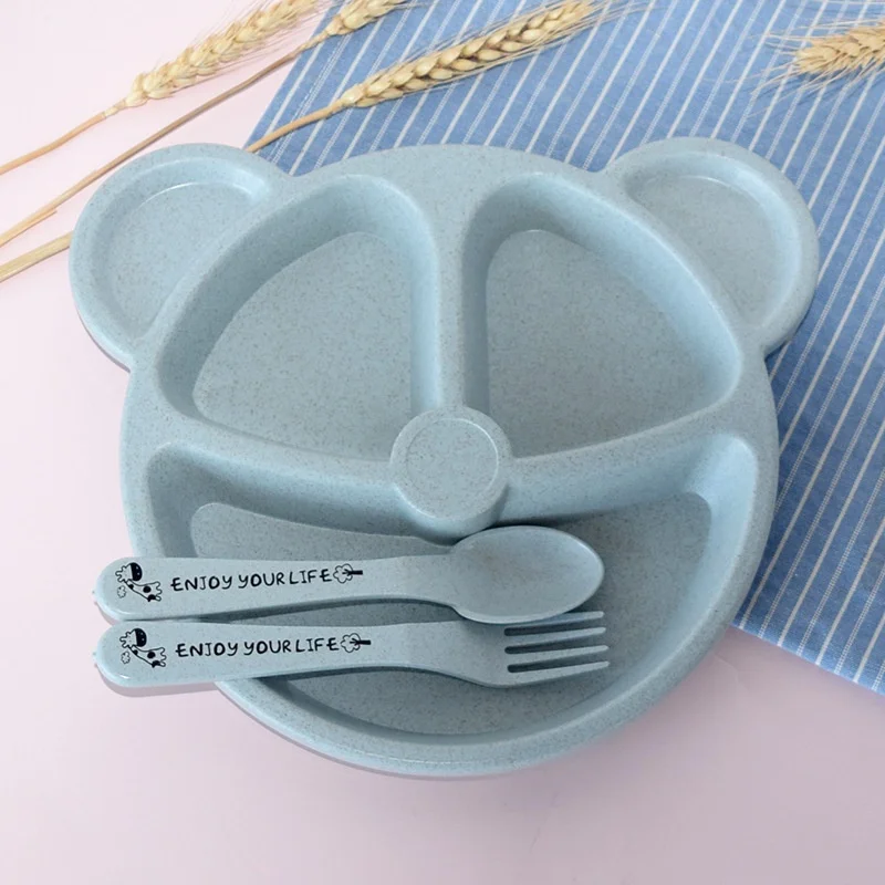 1 Juego de cuencos para bebé, cuchara, tenedor, vajilla de alimentación sin BPA, platos de oso de dibujos animados para niños, juego de vajilla para comer, plato de entrenamiento anticalor - imagen 4