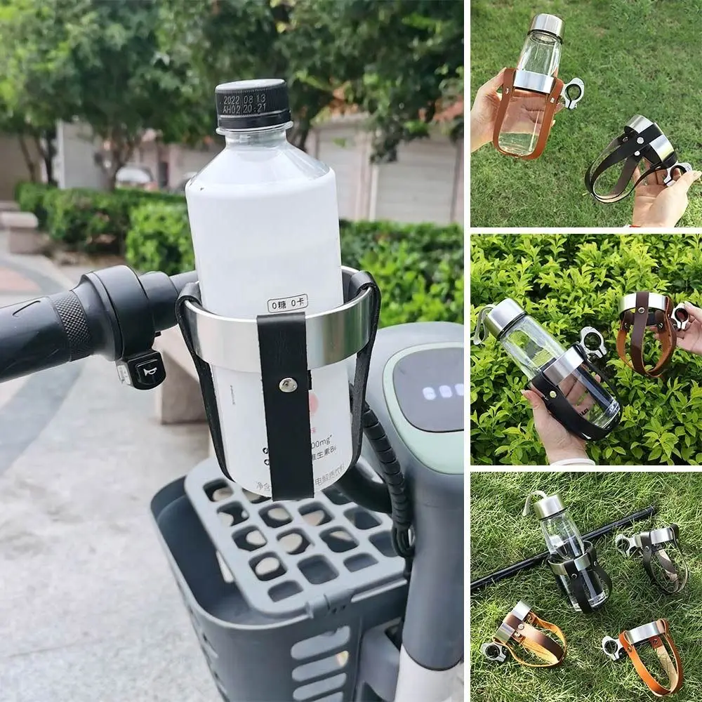 Portavasos Vintage de cuero para bicicleta, práctico soporte con abrazadera de Metal, fácil de instalar, textura negra - imagen 3