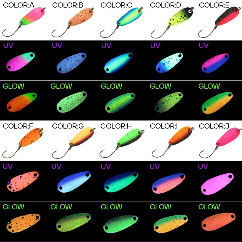 LETOYO 1.4g Mini Lepel Vissen Lokken UV Lichtgevende Koperen Lepel Lokken Dubbelzijdig Spray Schilderen S-vormige Forel lokken Gebied Forel - imagen 5