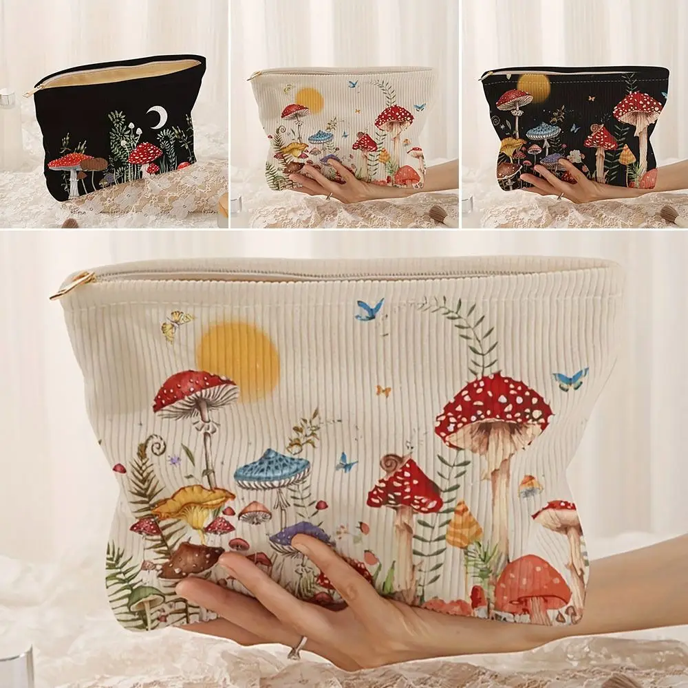 Nuevo Neceser con estampado de setas, monedero con cremallera de gran capacidad, bolsa de almacenamiento de pana - imagen 4