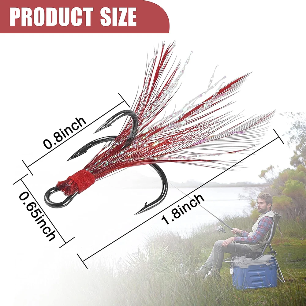 Anzuelos triples de pesca, cebos con pluma, línea de flash, atado de moscas, aparejos de pesca de trucha y lubina, 50 unids/lote por caja - imagen 3