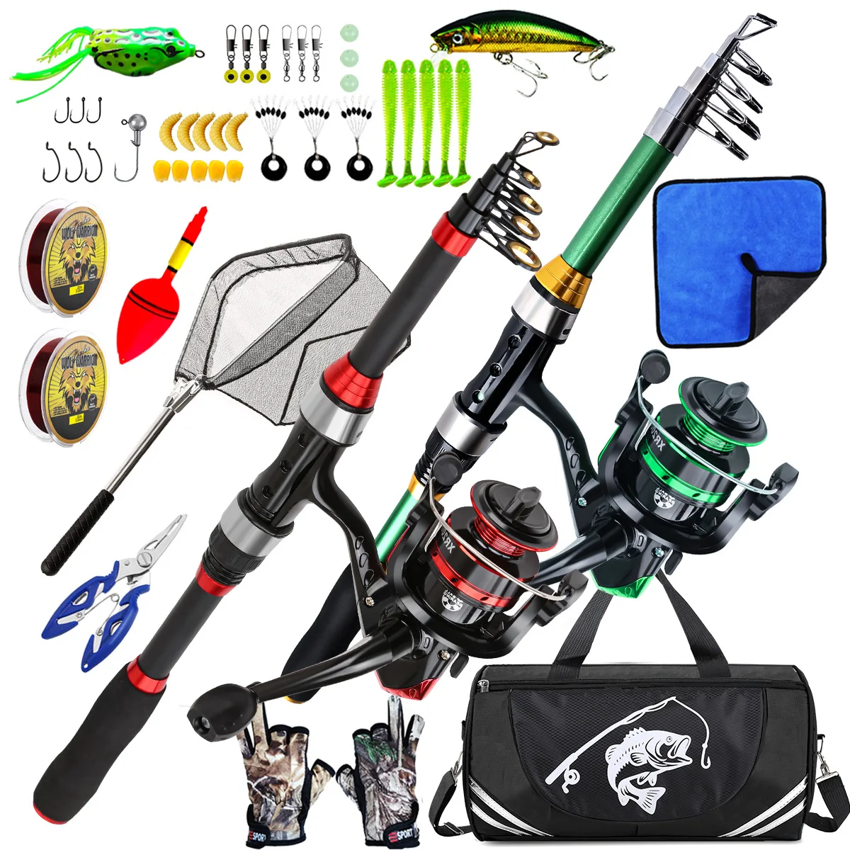 Kit pesca doble caña 1,8 m multifuncional con carretes y señuelos