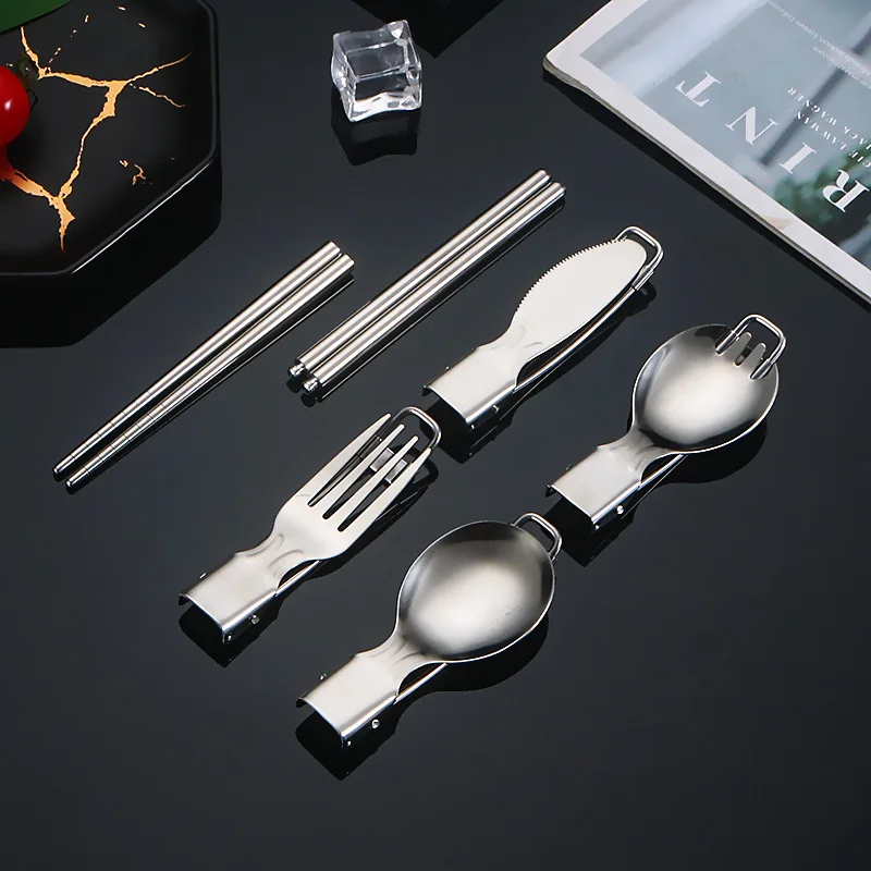 Juego de cuchara y tenedor para acampar, vajilla portátil de 7 piezas para exteriores con bolsa de almacenamiento, juego de cubiertos plegables para acampar, senderismo, pesca, Picnic - imagen 5