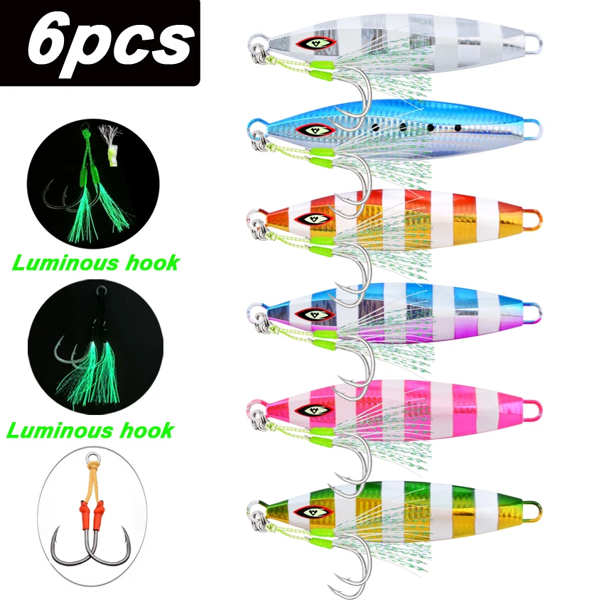 Señuelos de pesca de hundimiento lento de Metal, 6 uds., 100g, 150g-300g, plantillas de pesca, señuelos de agua salada, plantilla de lubina de Metal, Isca, señuelos de peces falsos artificiales