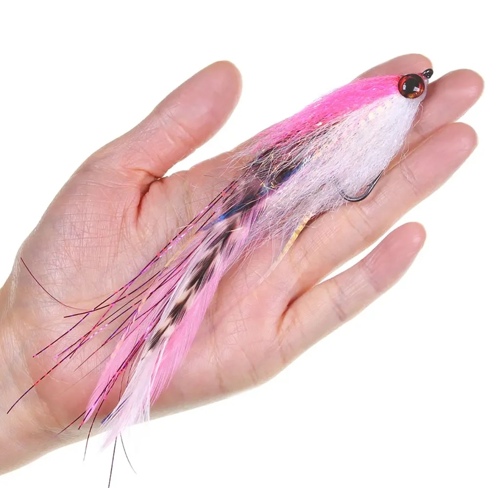 Bimoo # 2/0 15cm/5,91 pulgadas Big Streamer Baitfish Fly Flash Grizzly sillín Hackle cebo trucha Lucio almizclado lubina señuelo de pesca de agua salada