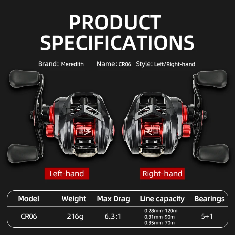 MEREDITH-carrete de Baitcasting de alta velocidad, relación de engranaje 6,3: 1, sistema de freno magnético de agua salada fresca, pesca ultraligera, serie CR06, nuevo - imagen 3