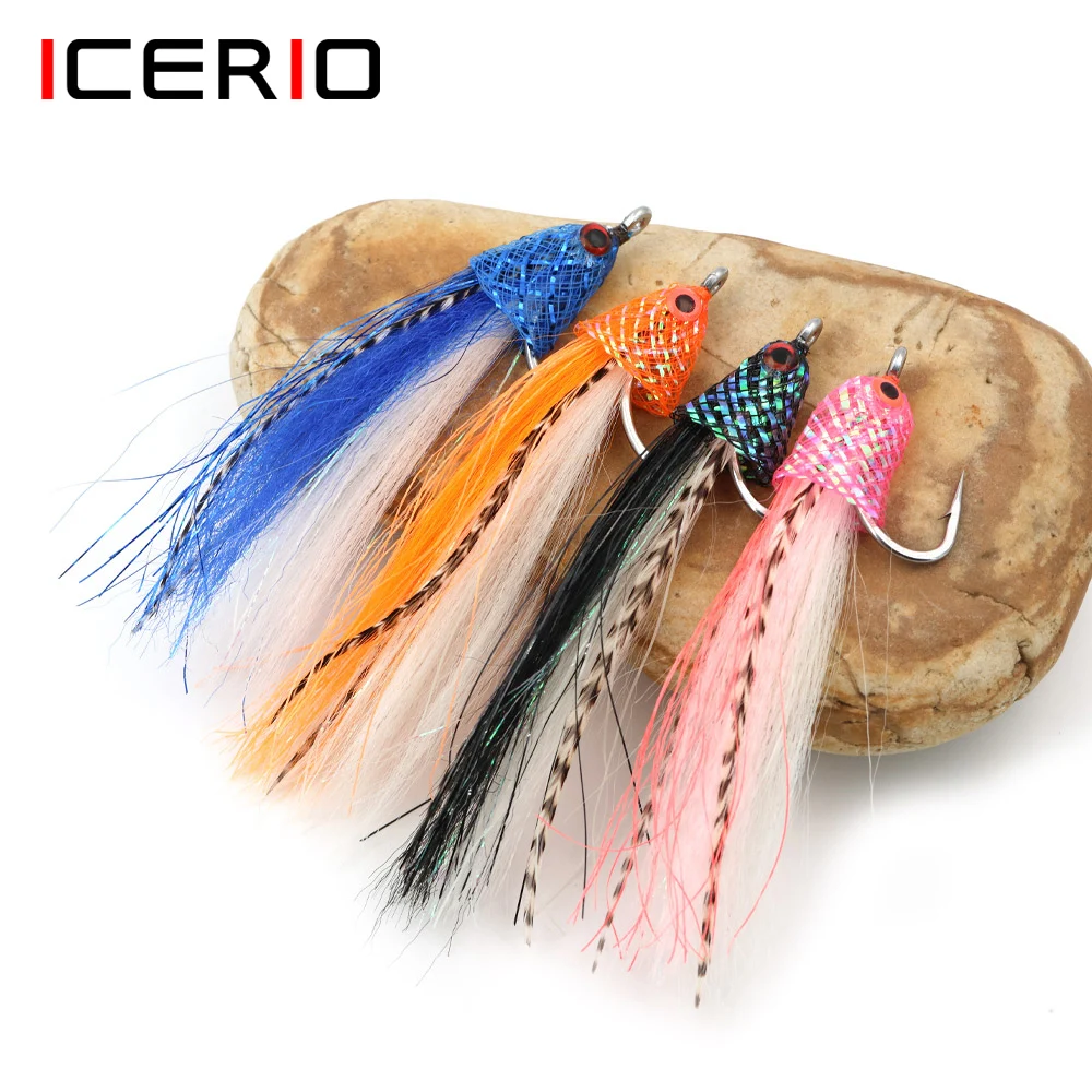 ICERIO 2/4PCS 4/0 # Señuelo de pesca con mosca 3D, Streamer grande, Baitfish, con sillín, Hackle para trucha, Lucio, lubina almizclada, Señuelos de Pesca de Mar
