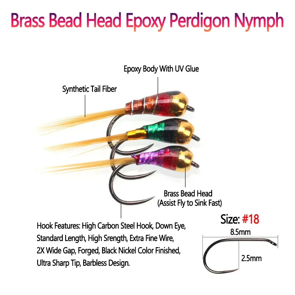 Bimoo 6 piezas # 18 cabeza de cuentas de latón epoxi Perdigon Ninfa sin púas ninfas checas fregadero rápido húmedo Euro Ninfa mosca trucha Señuelos de pesca cebos - imagen 2