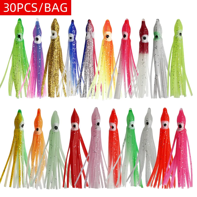 30 Uds 5-12cm 20 colores mezclados señuelo de pesca de calamar brillante goma suave pulpo falda de calamar cebo lubina atún pesca de carpa - imagen 2