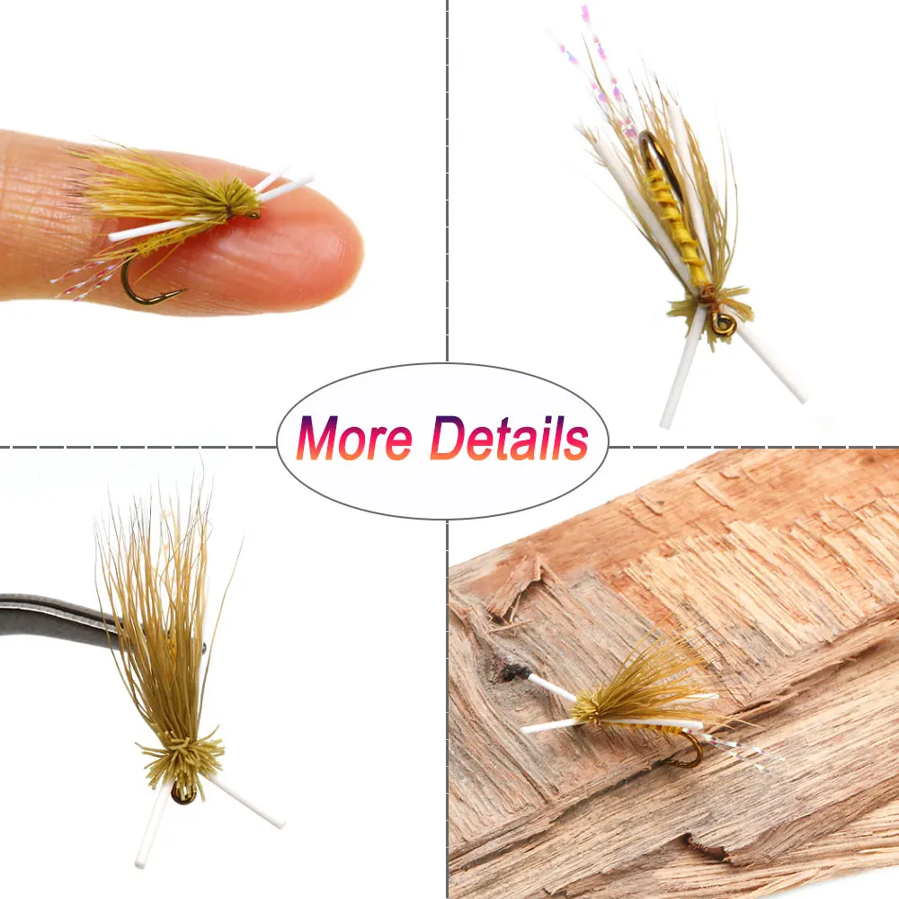 Bimoo-SEÑUELOS de pesca con patas de goma, 8 piezas, pelo de alce, Caddis, mosca seca, mosca flotante, percha de trucha, cebos de pesca, #12 #14 - imagen 4