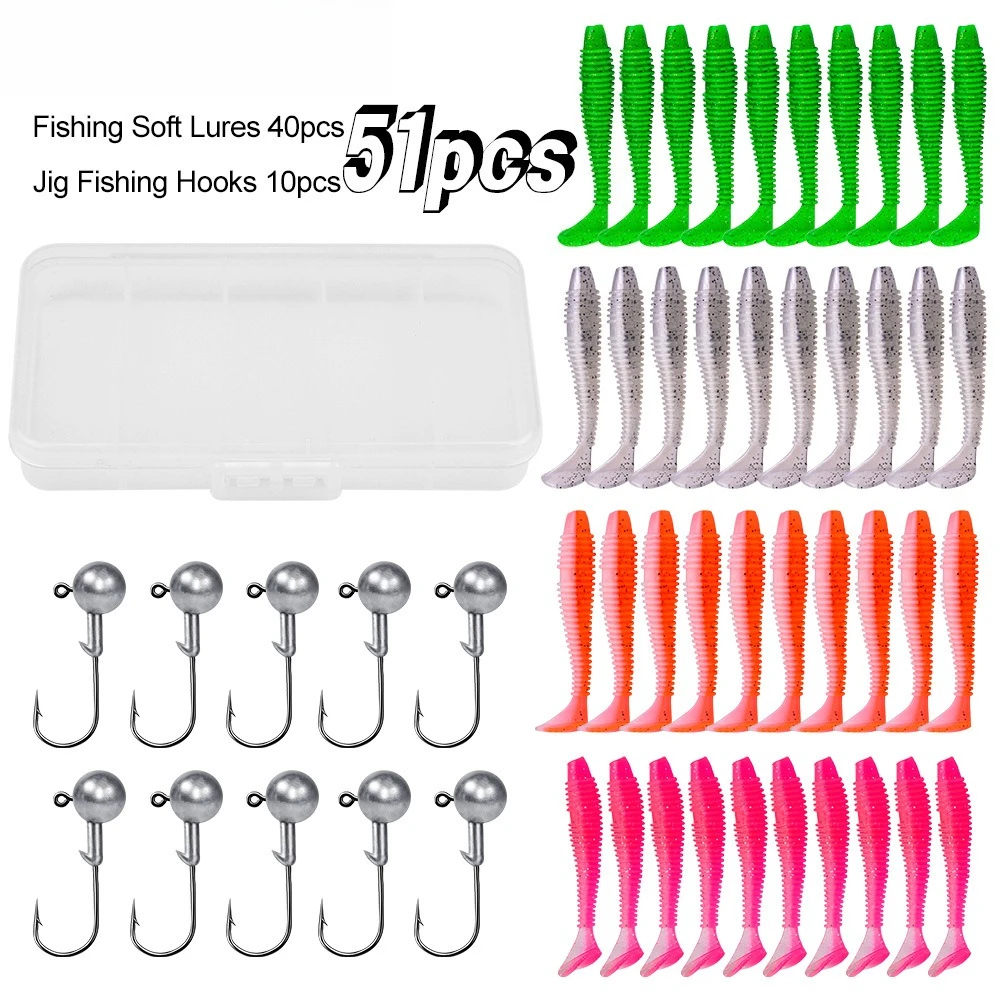 Nuevo Kit de Señuelos de Pesca blandos de 50 piezas, juego de señuelos de silicona, cebo Artificial, gusano con manivela, anzuelo con cabeza de plantilla, accesorios para aparejos de pesca - imagen 4