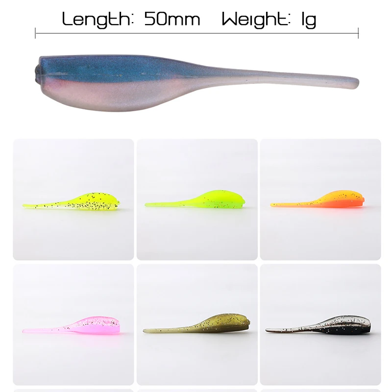 20 piezas señuelos blandos de silicona, 50mm/1g, cola de aguja, cebo suave, swimbait Bicolor de silicona para anzuelo de pesca - imagen 4