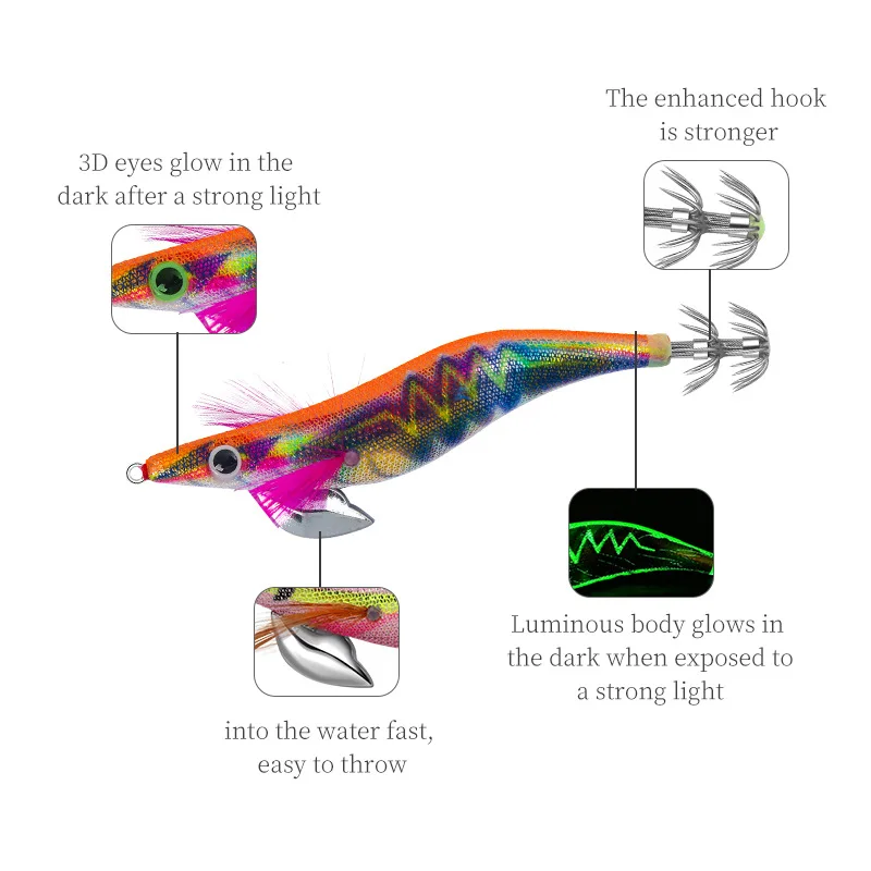 Señuelo de pesca camarones de madera calamar luminoso pulpo señuelo 3,0 # 3.5 # Señuelo de pesca con ojos 3D, cebo duro, plantilla de calamar Wobbler - imagen 3