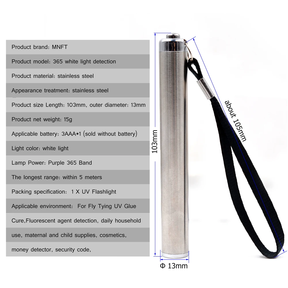 MNFT 1 Uds Mini linterna LED UV portátil de acero inoxidable 365nm atado de moscas linterna UV pesca linterna de luz de Flash al aire libre - imagen 2