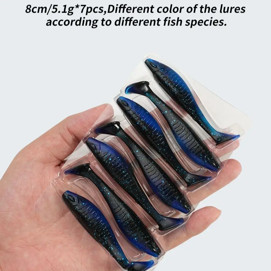 Señuelo de pesca suave Swimbait, 8cm, 5,1g, cola en T flotante, TPR, Material de señuelo de cola de paleta, 6 unidades por lote - imagen 5