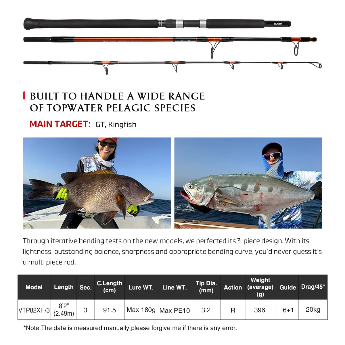 Noeby-caña de pescar de viaje Voyager de 3 secciones, 2,49 m, piezas Fuji, gran juego de pesca GT Kingfish, caña de pescar de fundición en alta mar - imagen 2