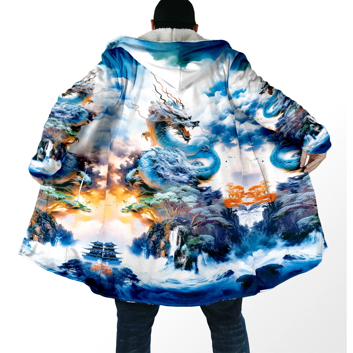 2025 capa de moda de invierno para hombre, capa con capucha de lana gruesa con estampado 3D de dragón Animal, capa cálida informal Unisex DP93 - imagen 5