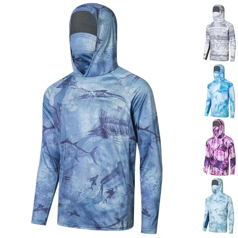 Sudadera con capucha de pesca para hombre, camisas de pesca de manga larga con protección UV, polaina de cuello, máscara que absorbe la humedad, Tops de pesca