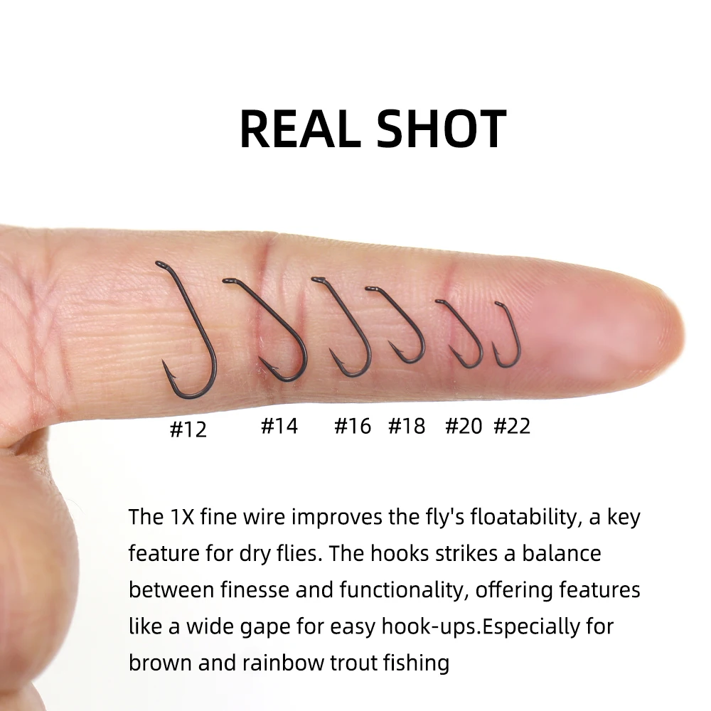 Wifreo 50PCS 22 #   ~ 12 #   Abajo ojo vástago largo 1X alambre fino anzuelos para atar moscas secas acabado en níquel negro anzuelo de pesca con mosca trucha arcoíris - imagen 5