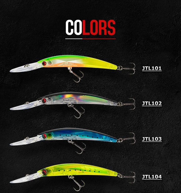 Explore los colores vibrantes de los señuelos de pesca de JTL con JTL101 JTL102, JTL103 y JTL104